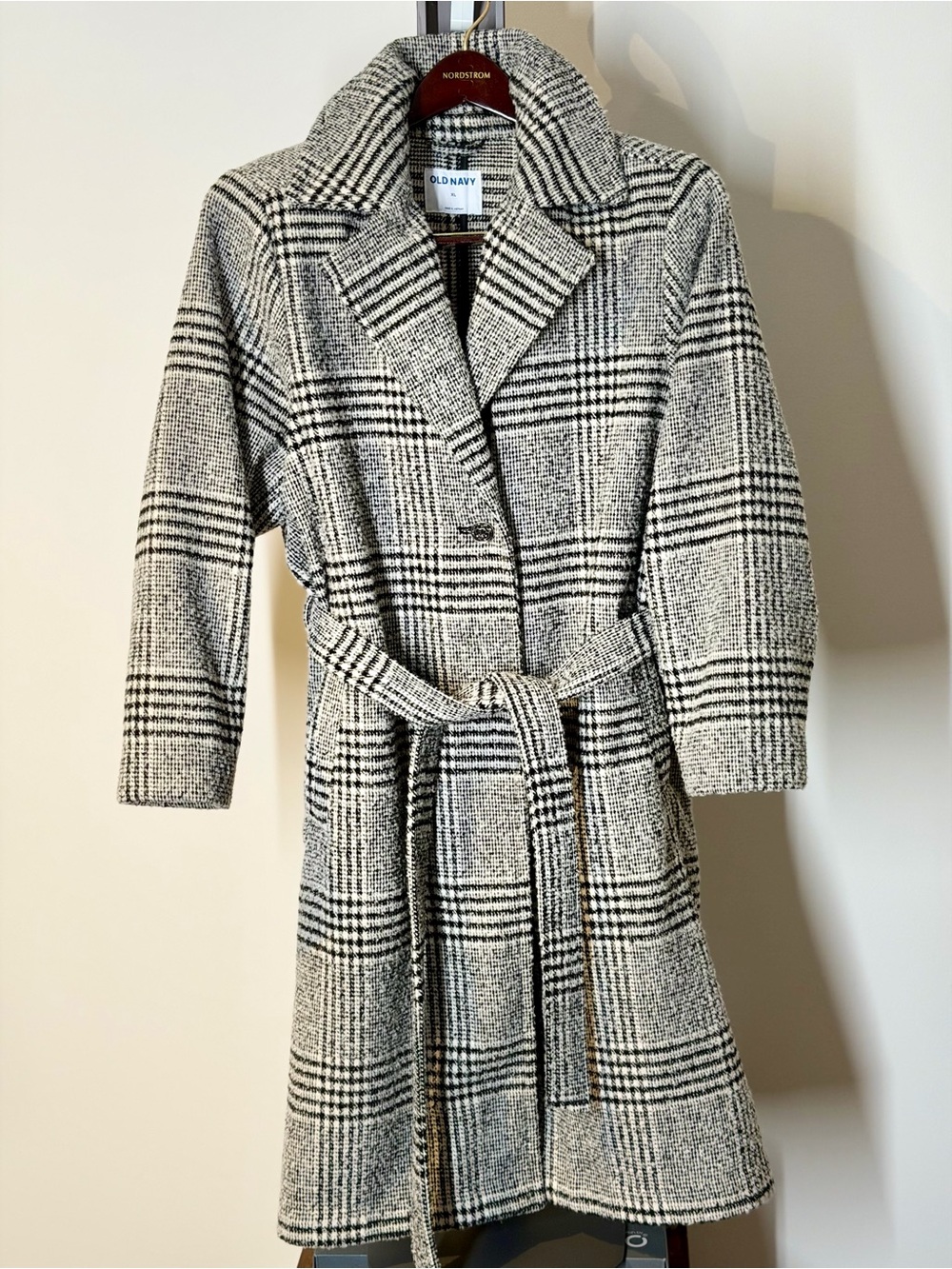 Old Navy Black & White Plaid Belted Coat